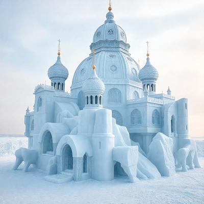 The primary subject of the image is a large, intricately designed white building, possibly a church or a palace, with a snowy exterior. The building features a dome and a clock tower, adding to its grandeur. The setting is a snowy landscape, with the building standing out as the main focal point. The visual style of the image is a combination of photo and digital art, creating a unique and captivating scene. The colors and mood of the image are predominantly white and cold, with the snowy landscape adding a touch of serenity and beauty to the overall atmosphere.
